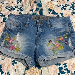 Women's Blue Embroidered Denim Shorts